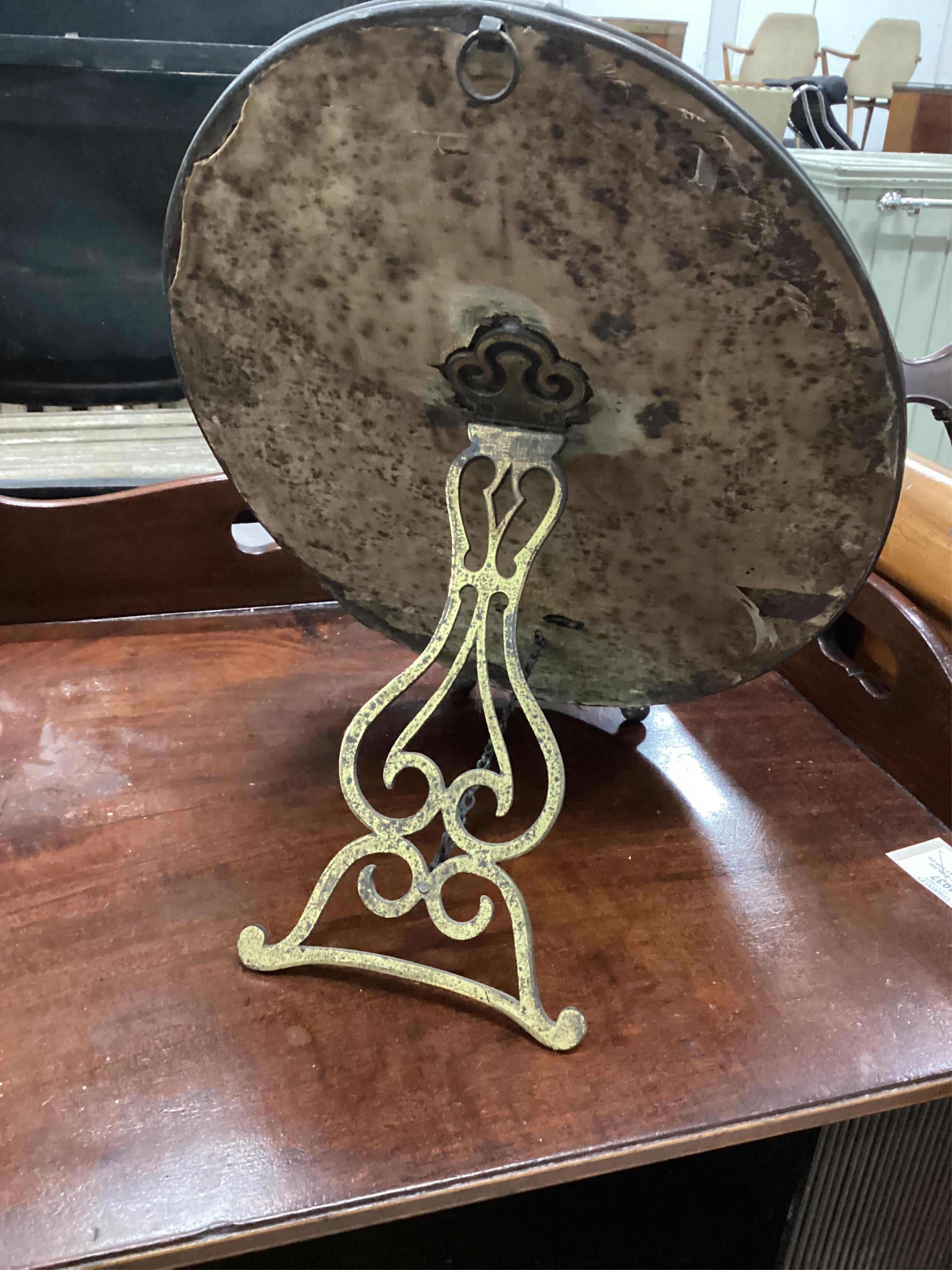 A 19th century Venetian oval strut dressing table mirror, width 32cm, height 42cm. Condition - fair but lacks one oval glass boss to left side